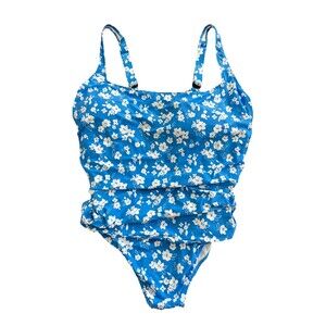 Anne Cole Women One Piece Swimsuit Pool Blue White Floral Square Neck 24W/5X
